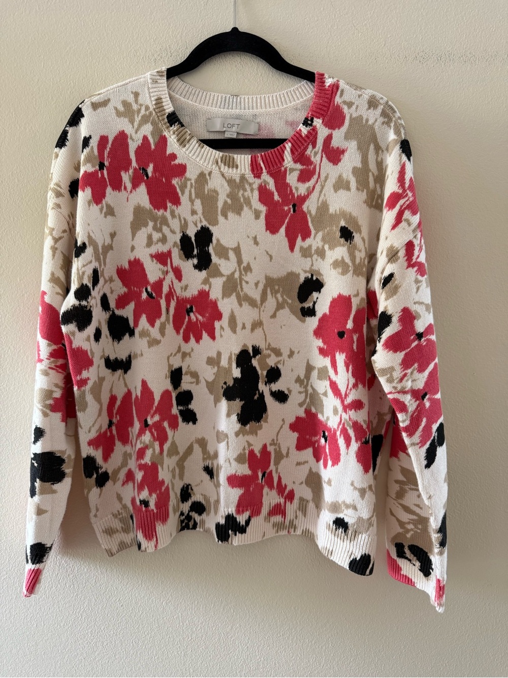 LOFT Floral Crewneck Cotton Sweater in White, Pink & Black